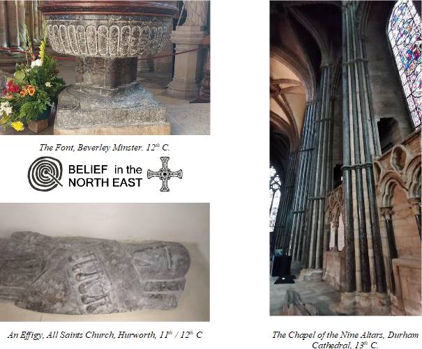 Examples of Frosterley marble: the font at Beverley Minster, an effigy at All Saints Church, Hurworth, and the Nine Altars chapel of Durham Cathedral
