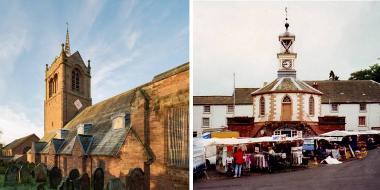 Two images: St Martin's church and market stalls