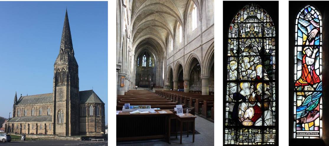 Four images of St George's Cullercoats, showing exterior and interior views, and two examples of stained glass windows